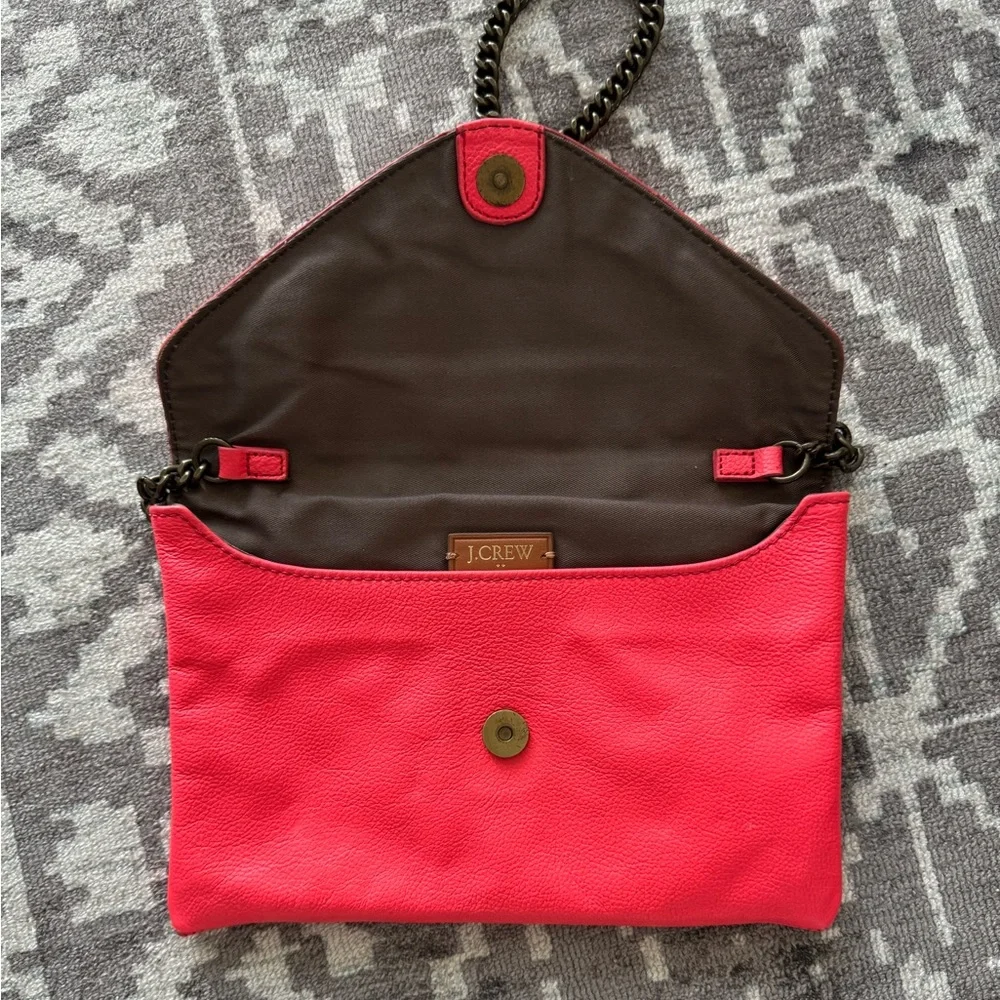 J. Crew 100% Leather Hot Pink Chain Strap Clutch Purse